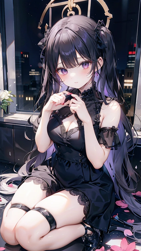 Gothic dress, black lace stockings , red bottom black top high heels, purple hair, gray eyes,