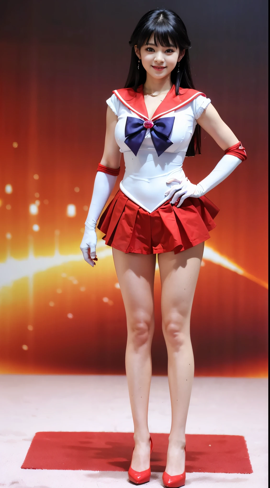 1 girl,long hair, (high quality,8K,black hair, realistic, high quality,masterpiece,Super detailed, disorganized)1.5,((Summer 1, tiara, Sailor Senshi Uniform, white gloves, Red sailor collar, red skirt)),City of night,white gloves,purple ribbon,purple eye, (magical world,fire),high heels, (full body photo, standing:1.5), huge breasts， Standing，Long legs，Smile，Solid color background，Charming pose，sideways