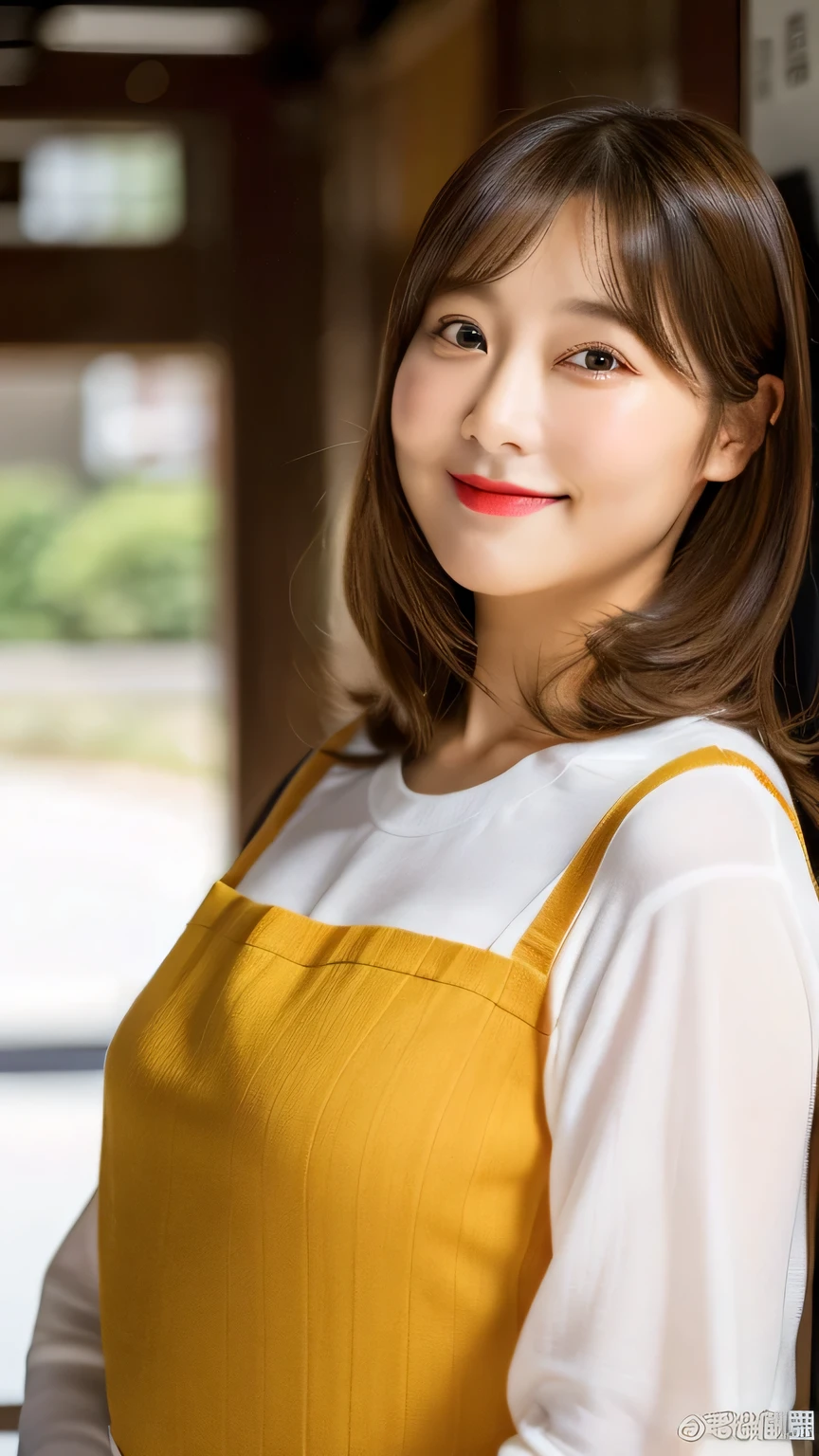 Overweight, Very fat, Chubby,　A slightly plump woman　Photograph the whole body from head to toe　45 years old Japanese woman with semi-long brown hair　whole body　 Plump figure　A woman wearing an apron cooking with a kitchen in the background　apron、Upper Body　personal　woman　45 years old　Body type: BMI 28　　Overweight, Very fat, Chubby,　semi-long、((Brown Hair)、semi-long　beautiful hair shining hair　Japan( sharp ), (She is wearing a neat apron over a white T-shirt),(The background is a typical Japanese kitchen.)　(Pyros Face_v1:0.7), (8k, highest quality), Unconscious, Please open your eyes,High resolution, original, (Flat Color:0.9),(colorful:1.1),(masterpiece:1,2), highest quality, masterpiece, High resolution, original, Viewer Perspective, alone, Portraiture, smile,Natural wrinkles, Wrinkles around the eyes, Surreal, Natural Skin, Natural Hair Color, Bright red lips　whole body像　Overweight, Very fat, Chubby,