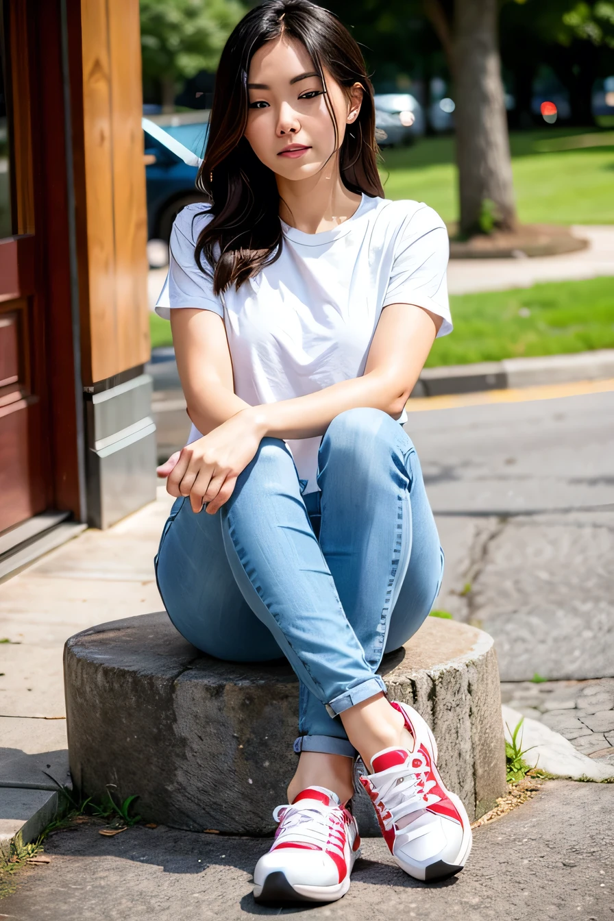 Woman in sneakers , feet, Skinny jeans、Putting on socks、close
