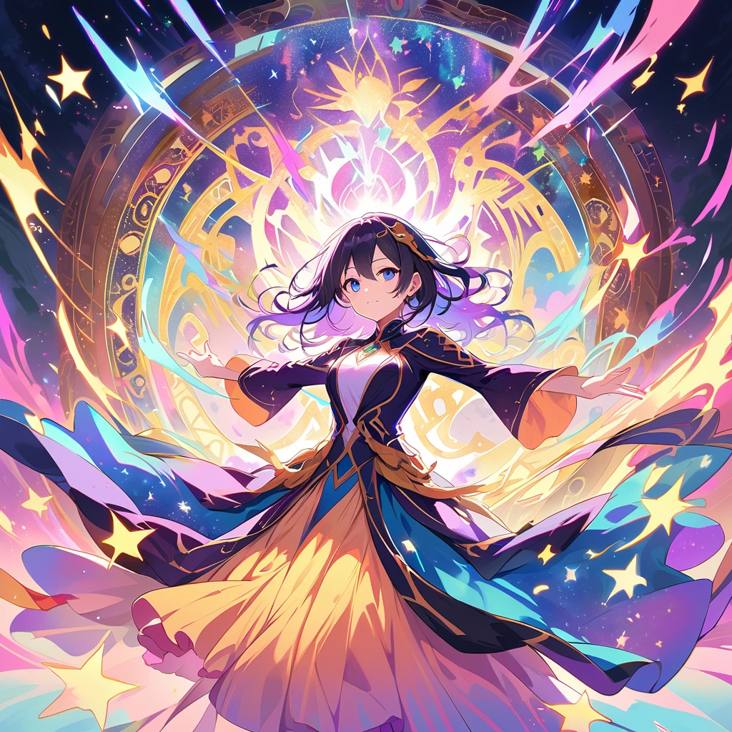 a painting that represents the essence of magic in your world, mostrando o cabelo preto, Protagonista com olhos azuis brilhantes,Hands in pockets with a mystical black mark on the neck immersed in a cascade of purple energy, vestindo um trage de magos,with glowing particles dancing around him and arcane symbols forming in the air