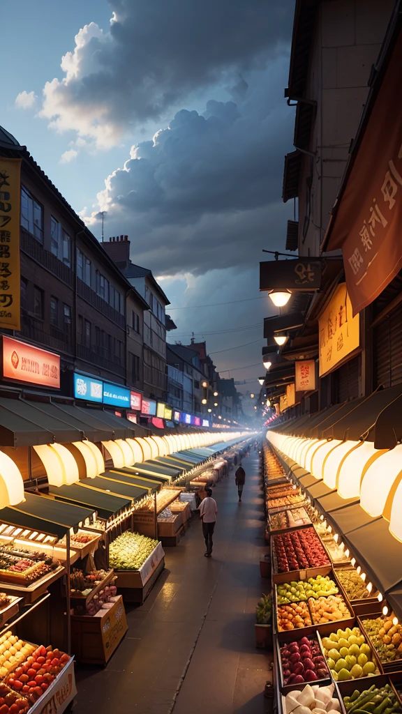 Create a single hyper realistic photo contain an outstanding scene of rays of lighting on a traditional market, 32K high resolution wallpaper,