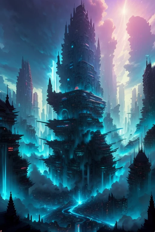 Anime-themed widescreen image. The upper segment depicts a magical city in the day, pristine buildings, under a sky filled with clouds but absent of the sun. The middle portion reveals the same city, but in the midst of a fiery assault with buildings ablaze. The lower section captures the serene beauty of the city at night, bathed in moonlight.