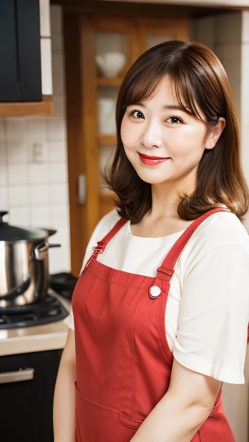 Overweight, Very fat, Chubby, slightly plump woman Wearing a red apron Photograph the whole body from head to toe 45 years old Japanese woman with semi-long brown hair whole body Has a slightly plump figure Personal woman 45 years old Overweight, Very fat, Chubby, slightly plump woman semi-long、((brown hair)、semi-long beautiful hair shiny hair Japan( sharpen ),,(The background is a typical Japanese kitchen.) (Purelos Face_v1:0.7), (8K, highest quality), unconscious, Open Eyes,High resolution, original, (Flat Color:0.9),(Colorful:1.1),(masterpiece:1,2), highest quality, masterpiece, High resolution, original, Viewer Perspective, alone, Portrait, Mature Woman Body Set, A slight smile,Natural wrinkles, Wrinkles around the eyes, Surreal, Natural Skin, Natural Hair Color, Bright red lips whole body像 Overweight, Very fat, Chubby, slightly plump woman