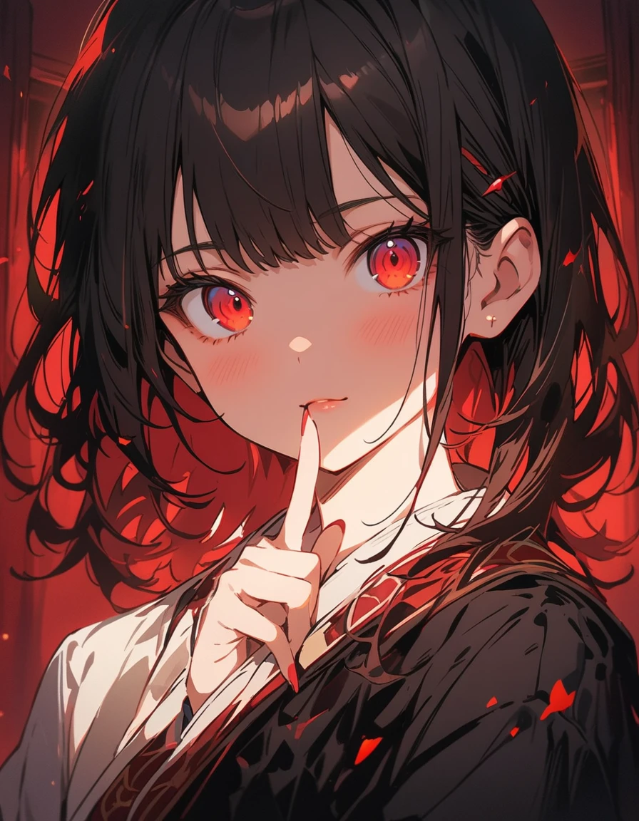 (highest quality、masterpiece、High resolution、detailed)、Anime Style、Flat Style、(Shining Eyes、detailed美しい顔), BREAK,1 girl、extremely detailed、floating, (High saturation),(The Shining), Best lighting, Best Shadow、Peck finger, ((masterpiece)), highest quality, One girl, eye shadow, Upper Body, Portraiture,