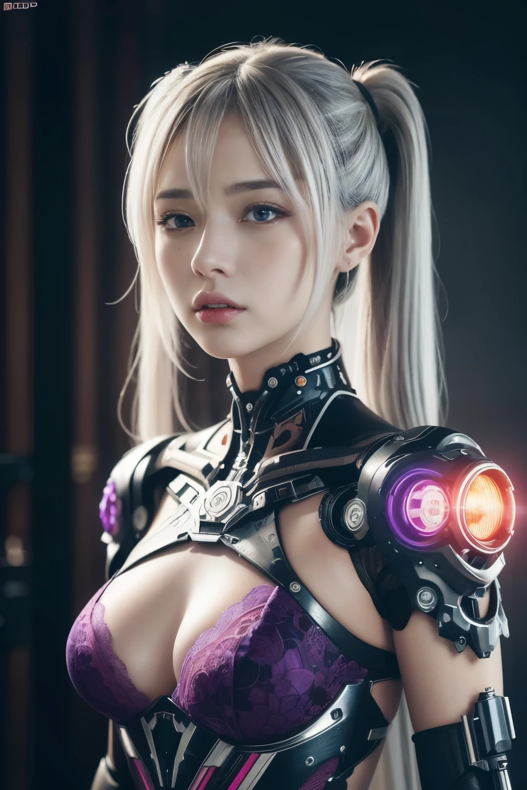 masterpiece, best quality, illustration, beautiful detailed eyes, colorful background, mechanical prosthesis, mecha coverage, emerging dark purple across with white hair, pig tails, disheveled hair, fluorescent purple, cool movement, rose red eyes, beatiful detailed cyberpunk city, multicolored hair, beautiful detailed glow, 1 girl, expressionless, cold expression, insanity, long bangs, long hair, lace, dynamic composition, motion, ultra - detailed, incredibly detailed, a lot of details, amazing fine details and brush strokes, smooth, hd semirealistic anime cg concept art digital painting, cyborg style,