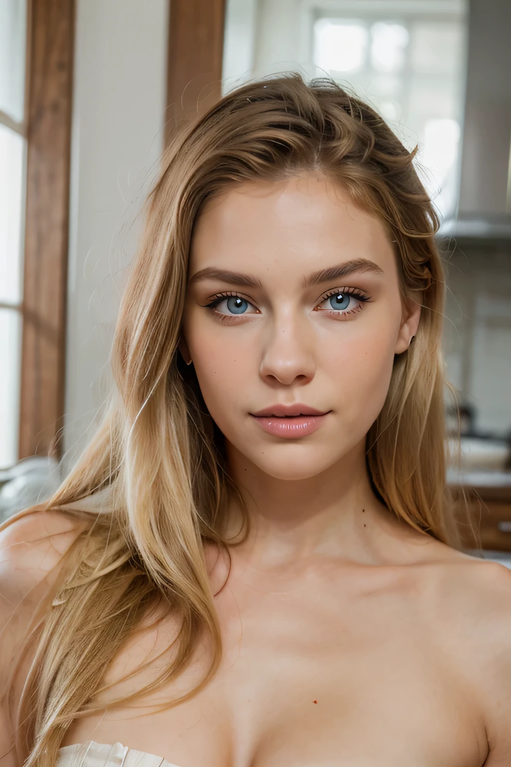 RAW close-up portrait of face and breast,  a 19 years old white girl, long blond hair, busty, Best quality, Highly detailed face,, corrugated, (woman with blue eyes) in an apartment, (naked), detailed (textures!, Hair!, brightness, color!, imperfections:1.1), highly detailed bright eyes, (Looking at the camera), specular lighting, digital SLR, ultra quality, sharp focus, sharp, DOF, film grain, (center), Fujifilm XT3, crystal clear, center of frame, Cute face, sharp focus, daylight