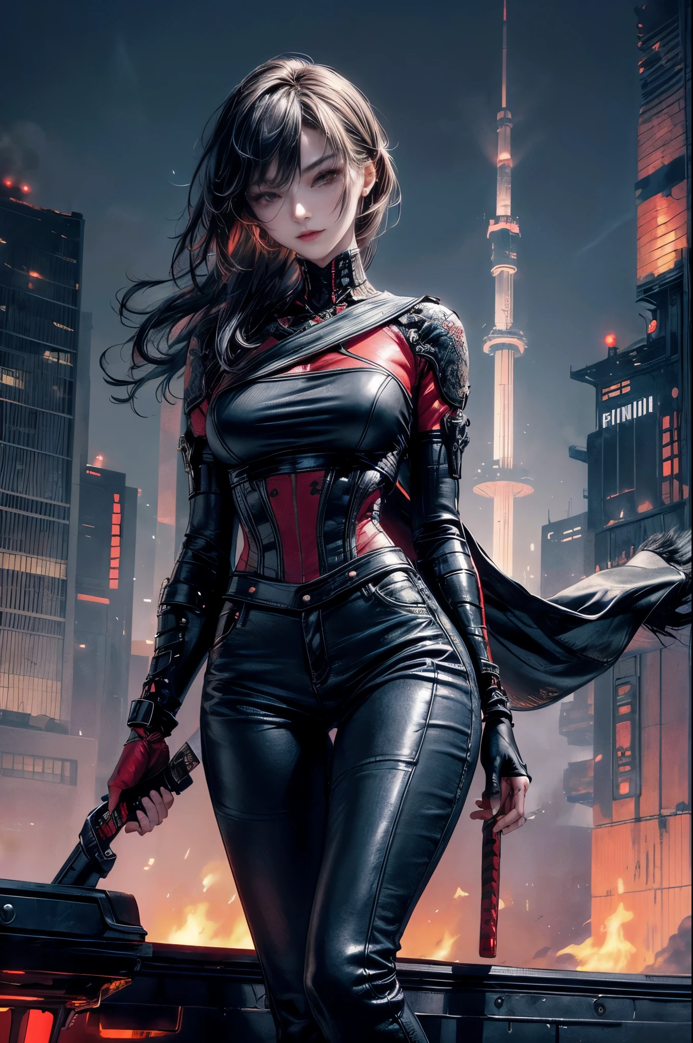 Cinema Lighting,Highly detailed skin、Beautiful quality with attention to detail,cyber punk,(replace、Dim color, Calm tone、Perfect Anatomy:1.3),(1 Beautiful Woman、Beautiful facial features down to the last detail、solo:1.3)(Black short hair)Smile a little、(1 Hold a samurai blade in your hand)break. Red leather jeans、Tight black leather pants、 break.night中(night、Futuristic city building rooftop、A fire broke out in a nearby building.)、Japanese