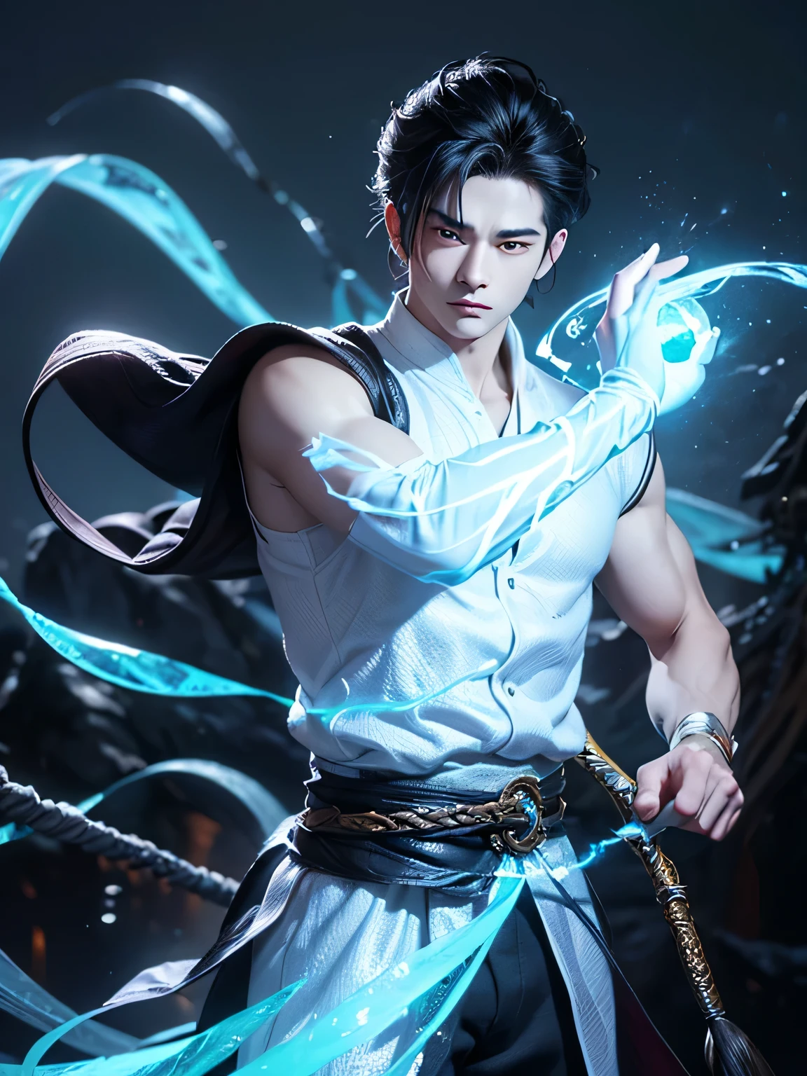 An 8k masterpiece, highest resolution, every detail, meticulous detail, depth of field, bright colors, beautiful composition: anime character Gohan impresses with his black hair and glowing eyes Beautifully detailed lighting, standing against a dark and ominous background. Full body This handsome demon slayer is the epitome of bad guys in the fantasy art. wearing a shirt.