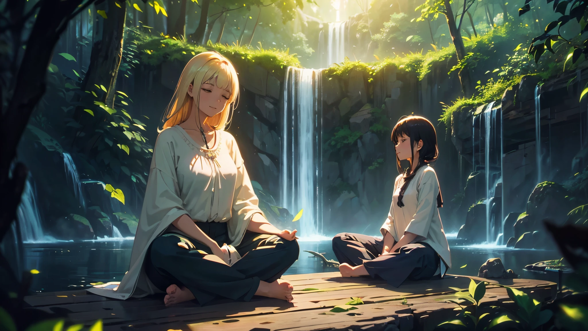 (center:1.2), woman, (Sitting cross-legged, To meditation:1.2), Blouse and pants, smile, Peaceful Expressions, (waterfall:1.1), wood, Glow effect, (Perfect lighting:1.2), leaf, (Depth of written boundary:1.1), (Calm colors, granular:1.2), (chromatic aberration:1.1),