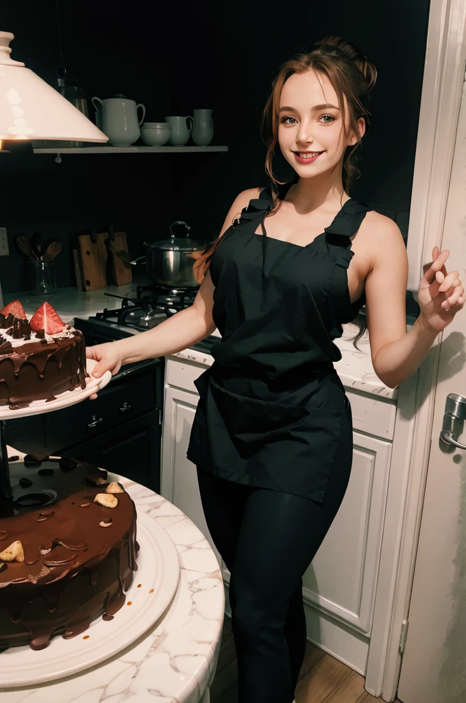 ginger hair, ponytail, green eyes, pale skin, curvy, wearing a tank top, black apron, leggings, looking at viewer, smiling, happy, blush,
standing inside a homely kitchen, holding a plate with a large chocolate cake, extreme detail, hdr, beautiful quality,