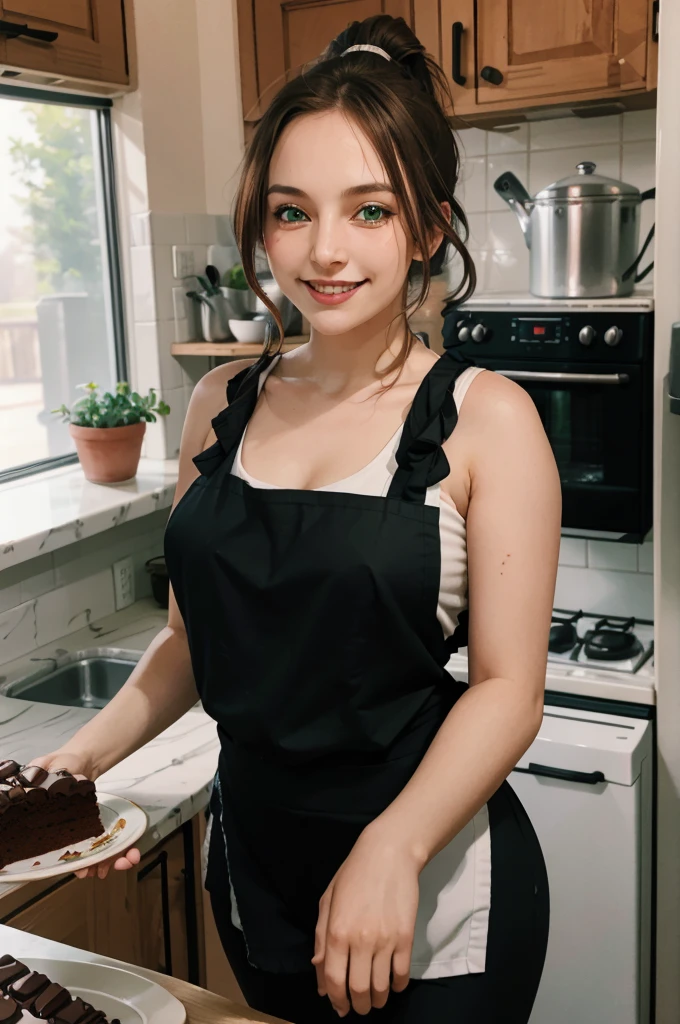 ginger hair, ponytail, green eyes, pale skin, curvy, wearing a tank top, black apron, leggings, looking at viewer, smiling, happy, blush,
standing inside a homely kitchen, holding a plate with a large chocolate cake, extreme detail, hdr, beautiful quality,