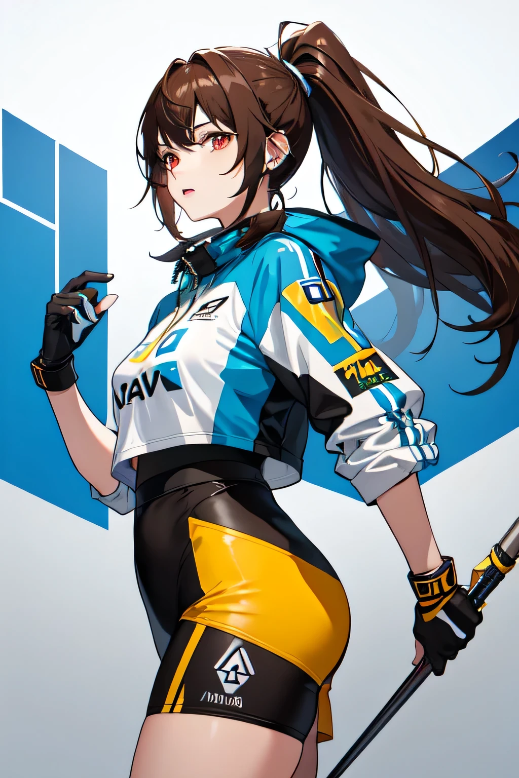 1girl,20y.o,Team NAVI Esport jersey,brown hair,mullet haircut,long hair,ponytail hairstyle,light red eyes