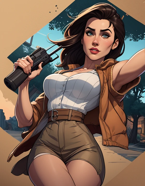 The woman, (((shirt, shirt, vest, best, pants))), Boots, Cuba in the background, jungle, Very detailed, Realistic long-term photography, 4k, by the wide, brown hair, By the chestnut, Red lips, choker, shocks, sexy,red lips, brown eyes, big breasts, big breasts, breasts, Lucia Auditore