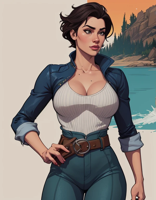 Jennifer Connelly , , white bra, green vest, sleeveless, へそ, blue jeans, Brown boots, gloves fingerless, short gloves, slightly-smile, shorth hair, wavy hair, parted bangs, blue colored eyes, wart under the right eye, old american west, sunny desert background, waist belt, best quality, Obra de arte Jennifer Connelly