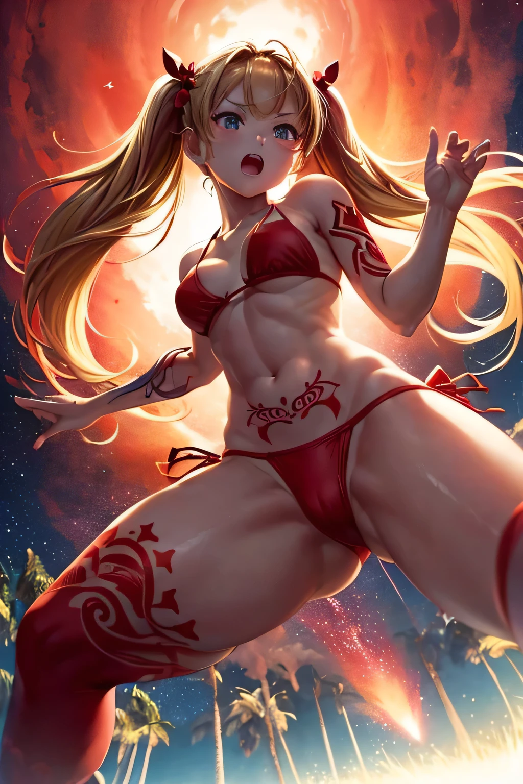 (Raise your right hand)、(Open your mouth)、(((Red tattoo)))、(((Red Bikini)))、Beauty、(((Blonde twin tails)))、((whole body))、(((Photo taken from below)))、Night Sky、The background is a night forest