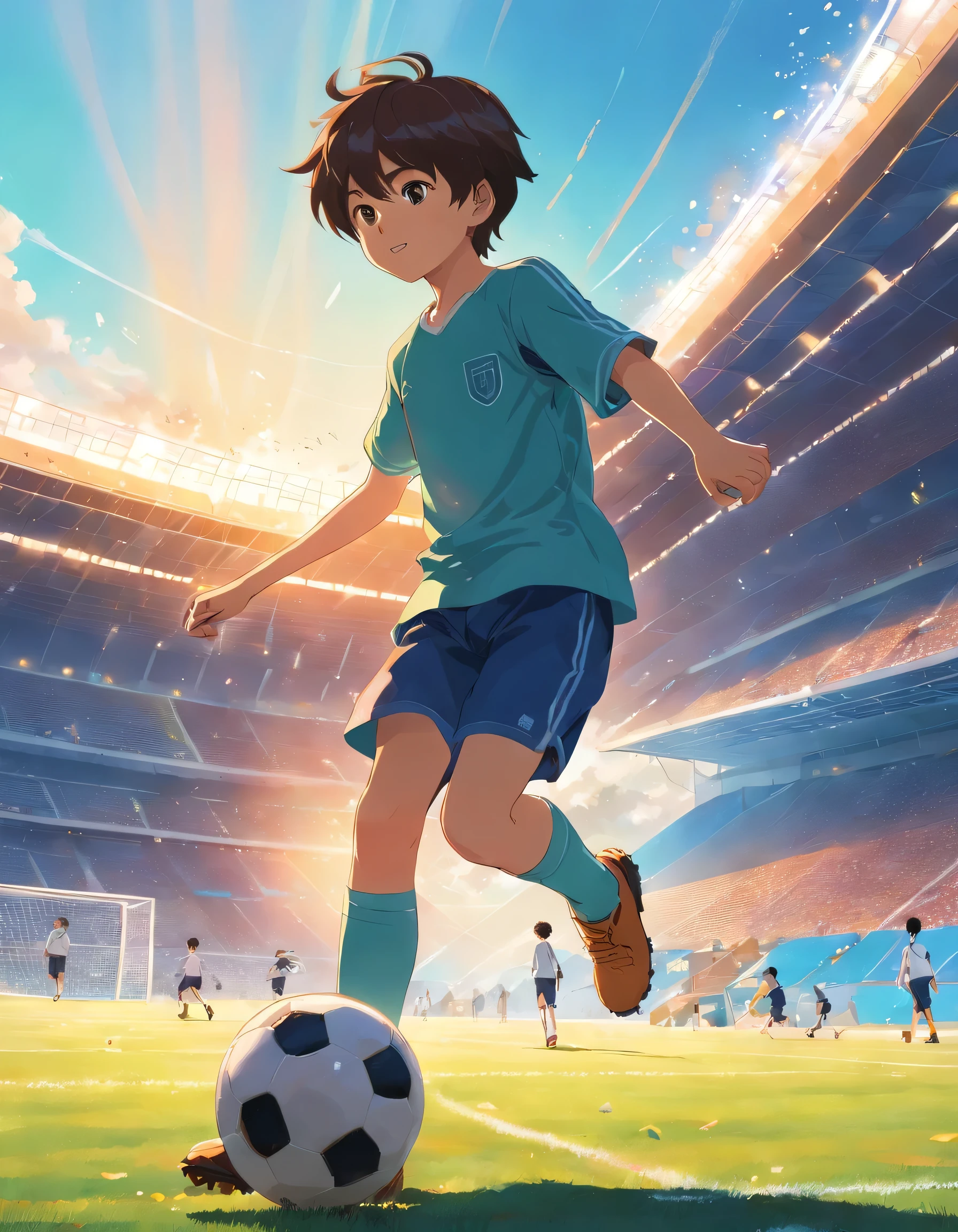 A young boy passionately playing soccer.