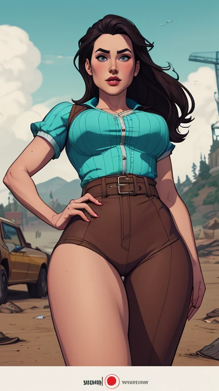 Best quality, solo mature woman, giant breasts, giant ass, very curvy, dark skin, ginger curly hair tied up, ocean blue eyes, full lips, seductive, smiling, red flannel shirt tied short, jean shorts, farmer hat, denim overalls, freckles, thick thighs, curvy physique