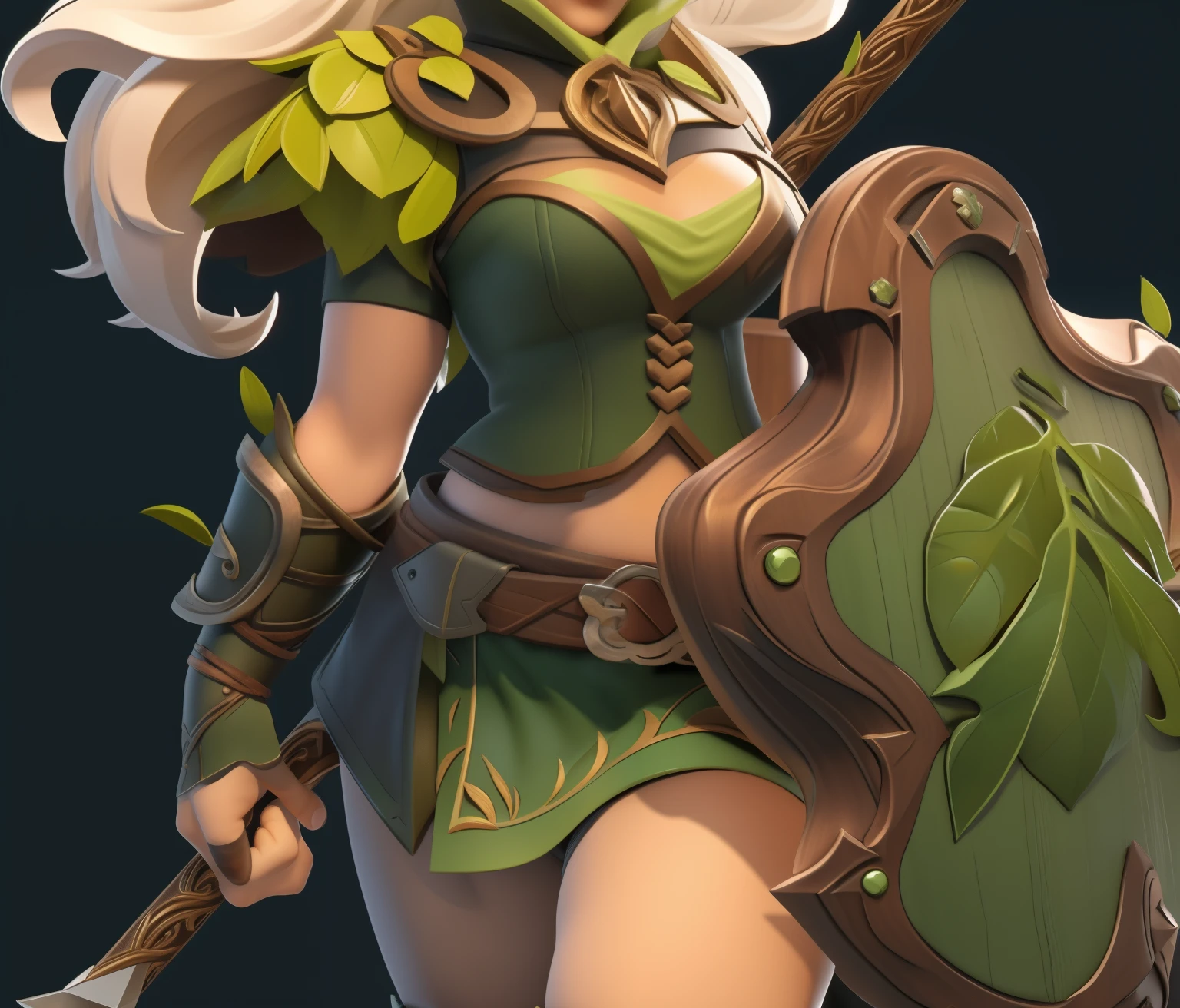 Leather belt, white hair, green tights, exposed navel, metal and leaf decoration, wooden shield, metal pattern (European and American cartoon Q version, 3D model rendering, medieval style), warrior, clash of clans style, cartoon model rendering, low polygon, High detail eyes, full body 3D painting, black background, masterpiece, best quality, best resolution, 8K
