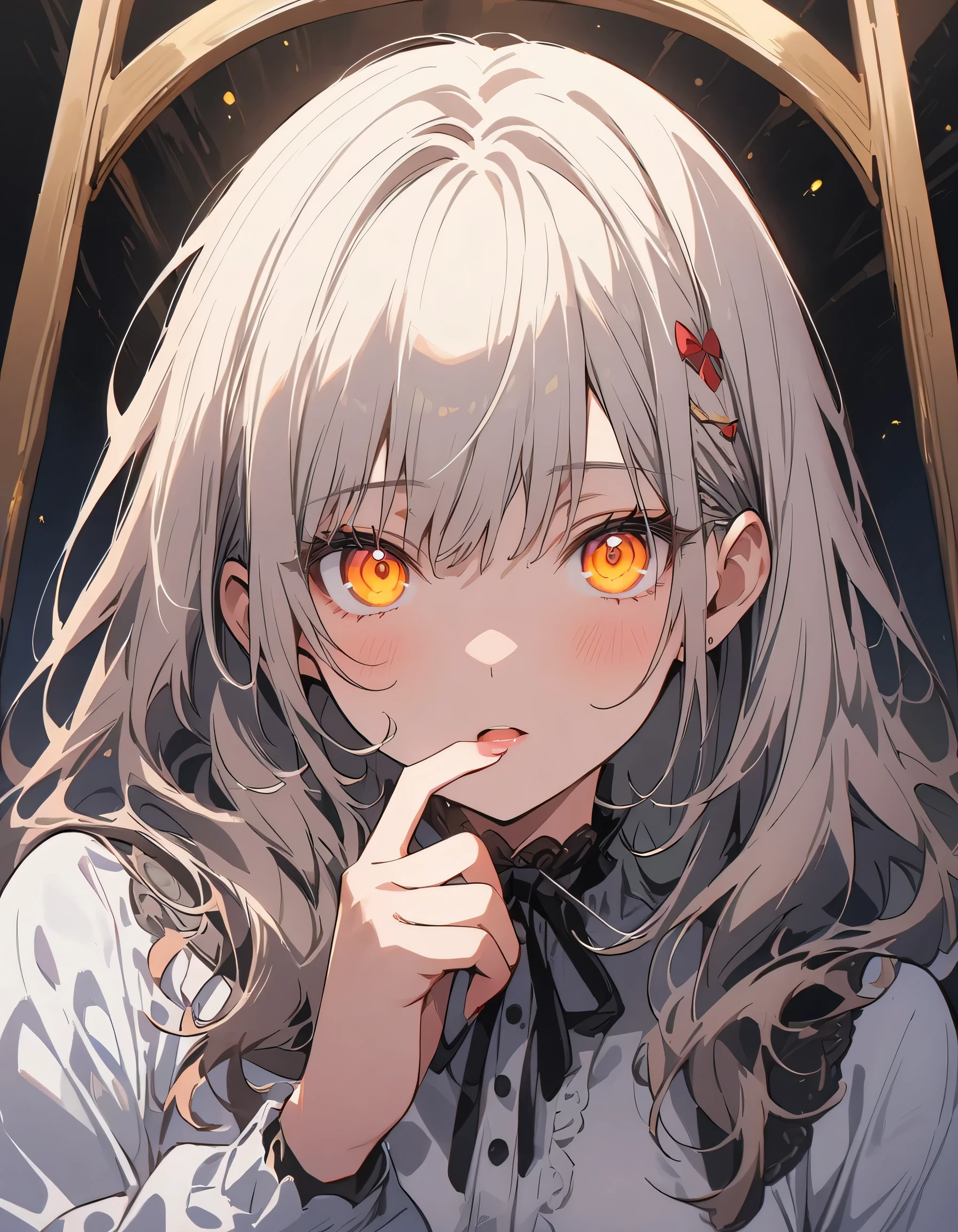 (highest quality、masterpiece、High resolution、detailed)、Anime Style、Flat Style、(Shining Eyes、Beautiful Face), BREAK,1 girl、extremely detailed、floating, (High saturation),(The Shining), Best lighting, Best Shadow、Peck finger, ((masterpiece)), highest quality, One girl, eye shadow, Upper Body, Portraiture,