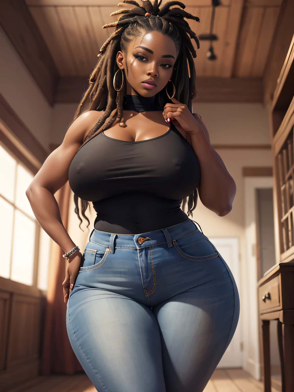 dark skin_femelle, poitrine, gros seins, voluptueux, thick thighs, hanches larges, gros cul, cul massif, dreadlocks, High resolution, Regarder la visionneuse, pose sexuellement, serait, seductive look, Tenue confortable, yeux marrons, passerelle, jeans