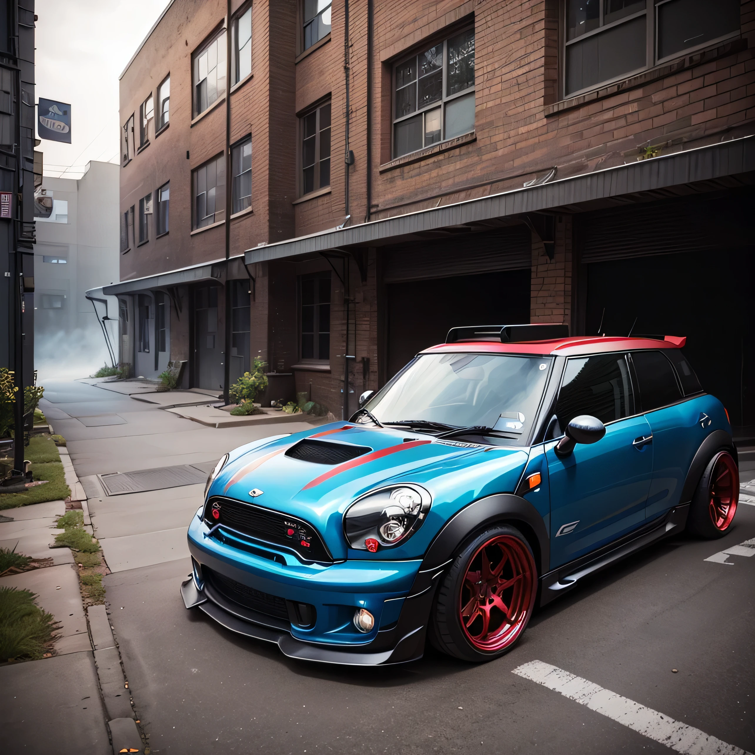 blue Classic Mini Countryman with red roof, ((carbon fibre, Liberty walk ultra wide body kit)), aggressive stance ((background: outside old industrial style building, large windows in background, overcast sky, heavy industrial look, cobble stone street)), 8K quality, realistic, realism, sharp, detailed, ultrawide, black and carbon fibre and deep candy apple red scheme, front profile, epic stance, epic ultra wide body kit, super low stance, aggressive looks