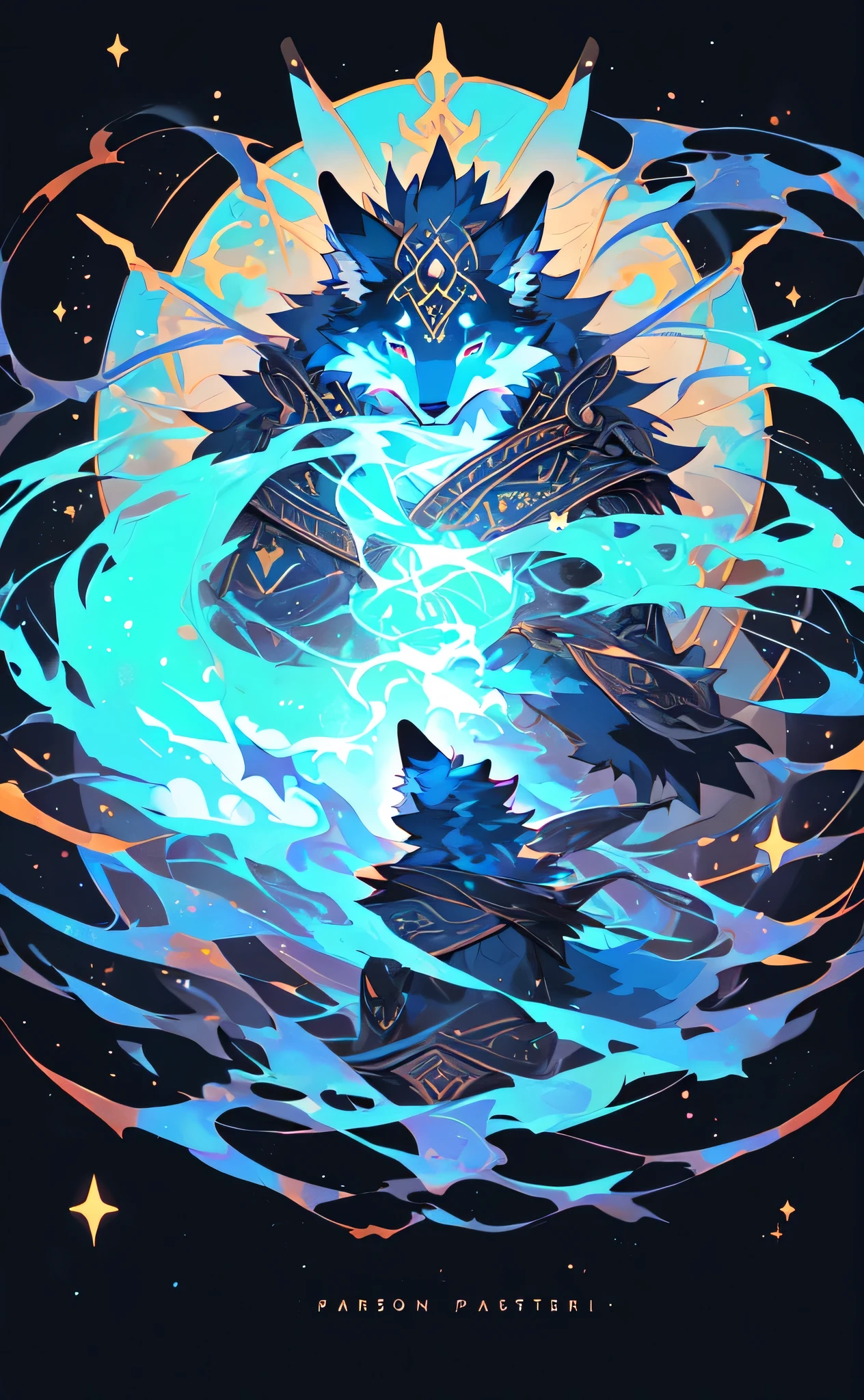 Close-up of cartoon character holding magic wand, Mysterious art style, beautiful celestial Mage, dark fox Mage, [ Tarot ]!!!!!, Astral ethereal, in mysterious style, as a Tarot, No PFP, /!\ , Star Guardian Inspired, Holding a magic wand, Thin male fantasy alchemist, Mage，Fury furry，Young people topless，gender male。There are four different cat pictures，Their eyes are also different, Concept art by Kanbun Master, Popular on polycount, Furry art, Ferson commission, Adaptable personality, Reference table, Ferson Furry art commission, wolf Ferson, gorgeous werefox Ferson, Suitable for whole body, Ferson art, furaffinity Ferson, Ferson!!!!, [ role conception ]。Bright color，Clear lines without sticking，Stars background，White flower bottom，Head to body ratio 1:6，Mint green and orange main colors，The character&#39;s fur is mainly gray