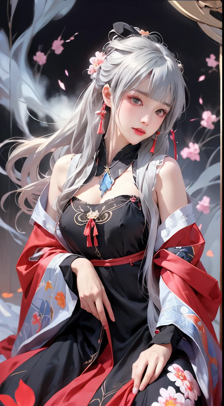 super high quality, masterpiece, Perfect illustration, Extremely detailed (Exquisite light and shadow, A very dramatic picture,) , ((Gray Hair:1.5))1 girl, alone, (Wearing red clothes, Black and white Hanfu,) Flower Field, Flowers, (White smoke:1.3) (Realistic:1.4), Zen Intertwining, Tangled, Official Art, unity 8k wallpaper, Very detailed, Beautiful and beautiful, masterpiece, highest quality, (Dynamic Angle: 1.4), Glowing Skin, (Floating colorful flashes: 1) The most beautiful chaotic shapes, elegant, brutalism design, Bright colors, Romantic Depth of Field Exotic_dance, half_naked、Exposing shoulders、Ample breasts、Great cleavage、han style
