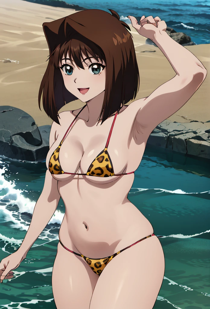 (masterpiece, 4K, Highest quality, anime style: 1.9, Detailed face, Lovely, Ocean,bold, High resolution, anime, Lake 4. alone, Curvaceous, Very slim belly, Cowboy Shot, 1 Girl,,(Leopard print micro bikini),Naked in a swimsuit,Uraraka Ochako,Brown Hair,smile,blush,Back view,Show your ass,Thong