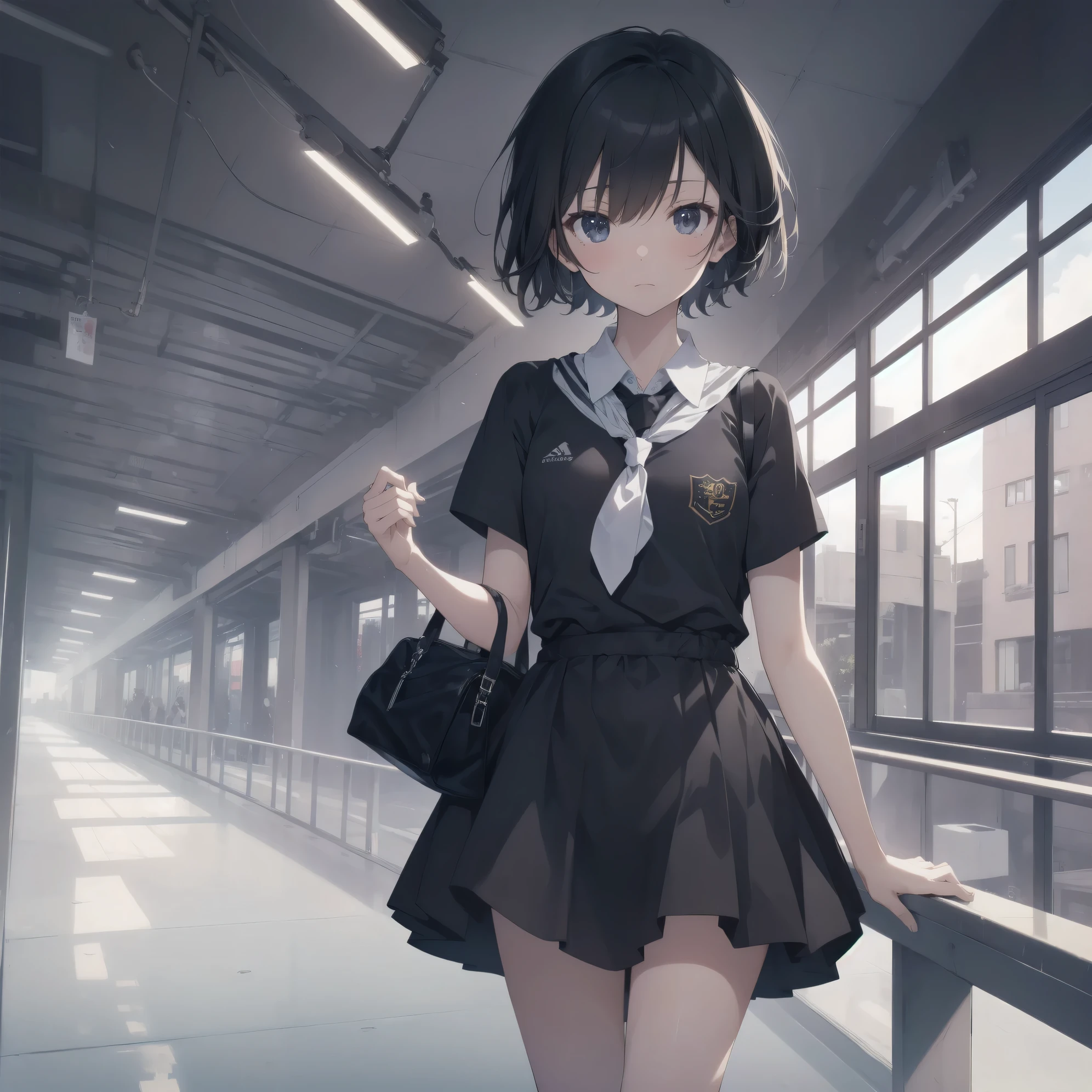 ultra-absurdres-Top quality by artist God, ultra-detailed, high resolution, anime moe artstyle, best anime 8k konachan wallpaper, pixiv contest winner,pool:2810, perfect anatomy,break, 1girl, (Please draw a girl walking sleepily to school alone. )break,(Solo,little female, -yeld:1.Full limbs, complete fingers,a junior hishort hair), short cut, flat chest, , small butt, small black eyes, beautiful detailed eyes, well-proportioned iris and pupils, expressive eyes, highres detailed hair, soft expression, school_uniform, official_alternate_costume, neckerchief, collared shirt. pleated skirt,(Detailed Lighting), (Detailed background), in the School commute route. break,super detailed skin, Best cinematic lighting powered by famous artist, 8k,beauty illustration,photoshop_(medium),very aesthetic,break,((artist:ciloranko )), artist:bolze ,artist:oyari_ashito ,artist:kantoku ,