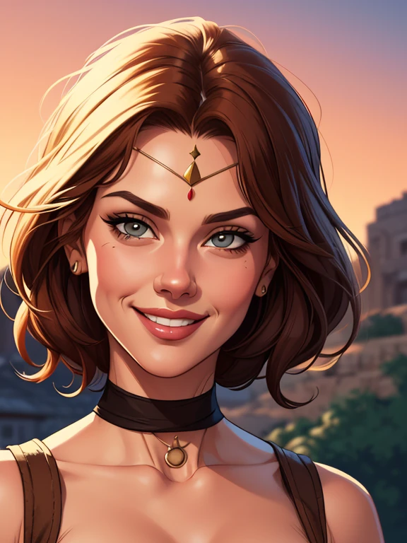Detailed image of Warrior woman brunette tan skin light eyes short black hair wavy pixie style muscular body large detailed dilated breasts blushing face