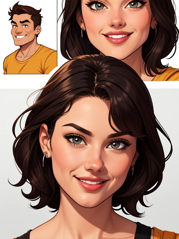 Xena princess warrior portrait mode sensual sesys style Cartoon style digital illustration together boyfriends Cartoon style character portrait mode Cartoon style character facial expression happy beautiful smile and six medium small portrait mode waist up 