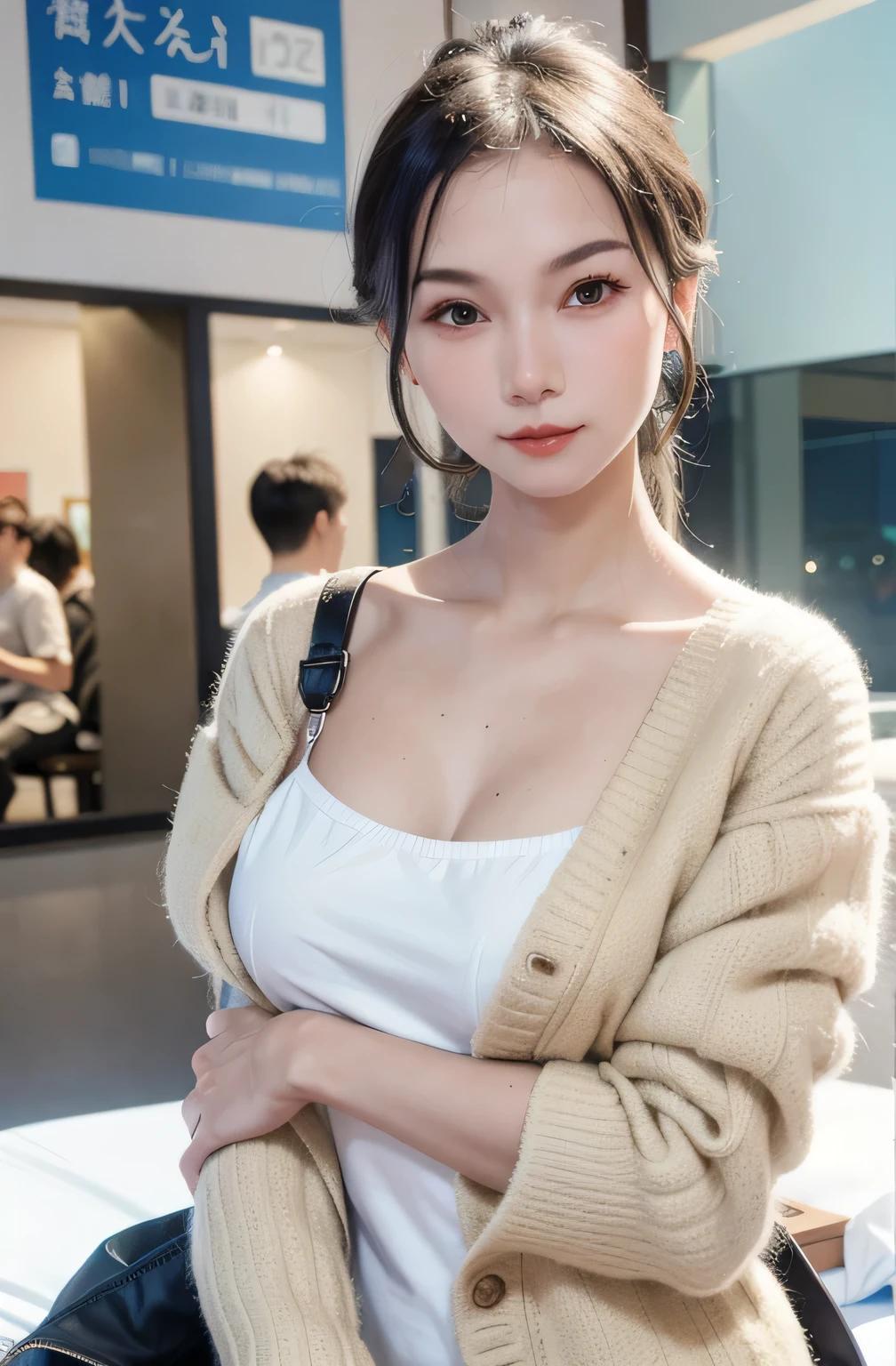 Incomparable masterpiece, Perfect work of art, ((Perfect female body)), short hair, Blonde hair, Thin, realism, Solitary, (realism: 1.4), best quality, Ultra-high resolution, 1 Girl, porcelain, K-Pop Idol, whole body, Gray cardigan, (C cup), fair, masterpiece, best quality, very detailed face, Perfect lighting, Solitary, No makeup, best quality, Ultra-high resolution, (Practical:1.4), Ultra Detailed, masterpiece, best quality, 👍 Ulzan-6500-V1.1