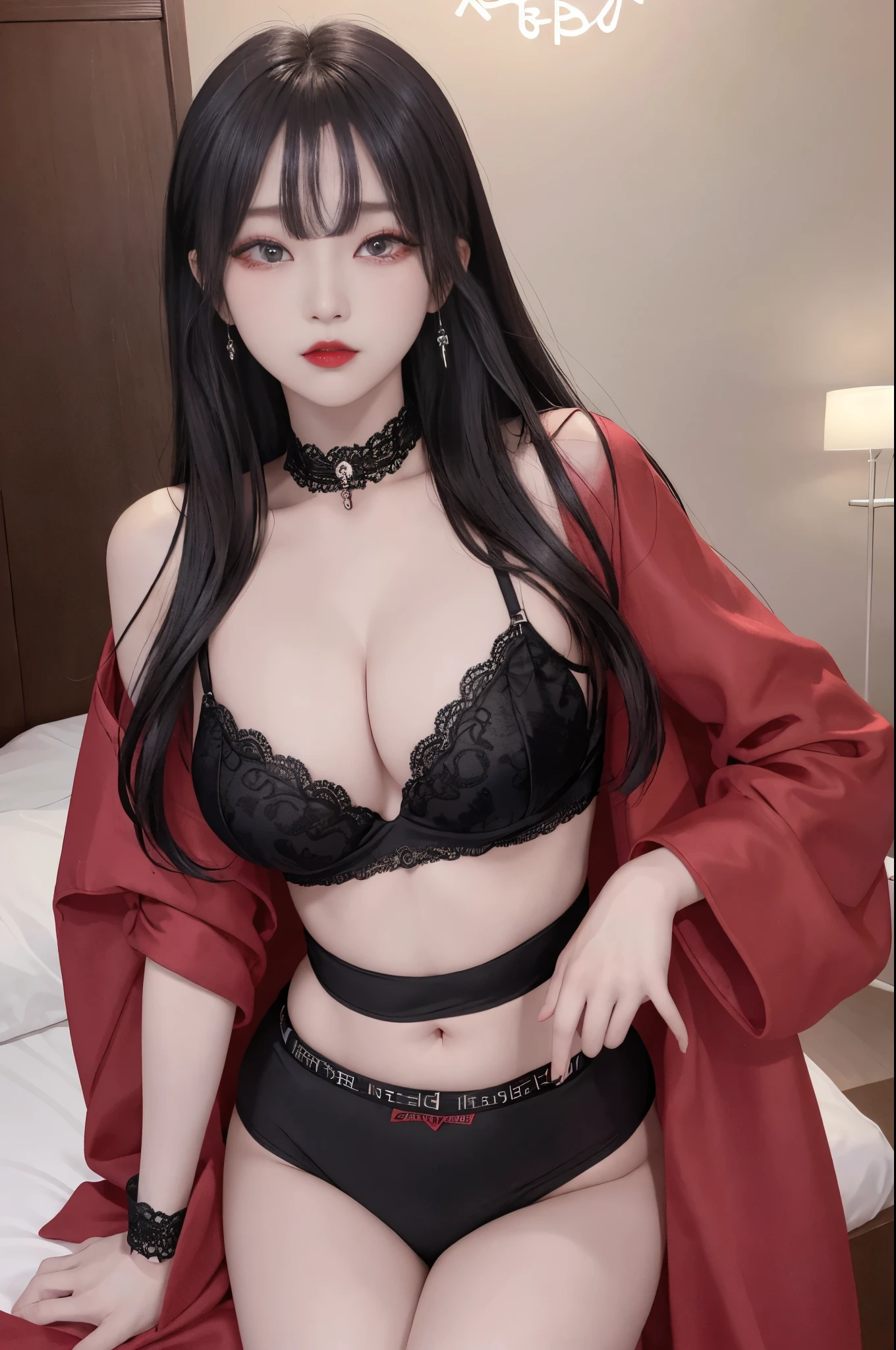 Top image quality、Raw photography、A high resolution、20-year-old cool Korean、big round chest、thin red silk coat、black lace underwear、Beautiful Eyes of Details、very elongated eyes、Beautiful eyelashes、Beautiful double eyelids、eyeshadows、耳Nipple Ring, wearing super tight mini boxers, standing,