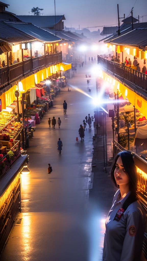 Create a single hyper realistic photo contain a georgous woman on an outstanding scene of rays of lighting on a traditional market, 32K high resolution wallpaper,