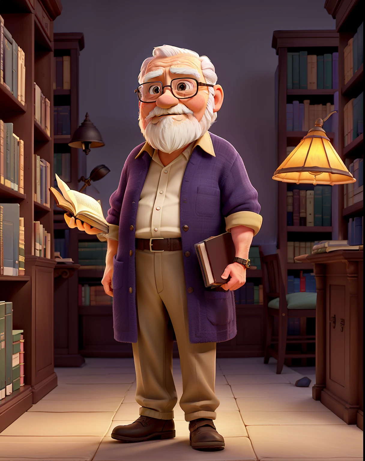 A wise old man stands in the heart of a serene bibliotheca, bathed in the gentle glow of a lamp that illuminates his wrinkled features and wise, knowing eyes. The solemn ambiance of the library surrounds him, its vast collection of knowledge an endless source of inspiration and learning. As he stands there, lost in thought, the play of light and shadow dances gracefully on the ancient tomes that line the shelves behind him, their pages filled with the wisdom of the ages. The old man's presence alone seems to infuse the library with a sense of tranquility and wonder, as if one could hear the whispers of the countless minds that came before, eager to share their