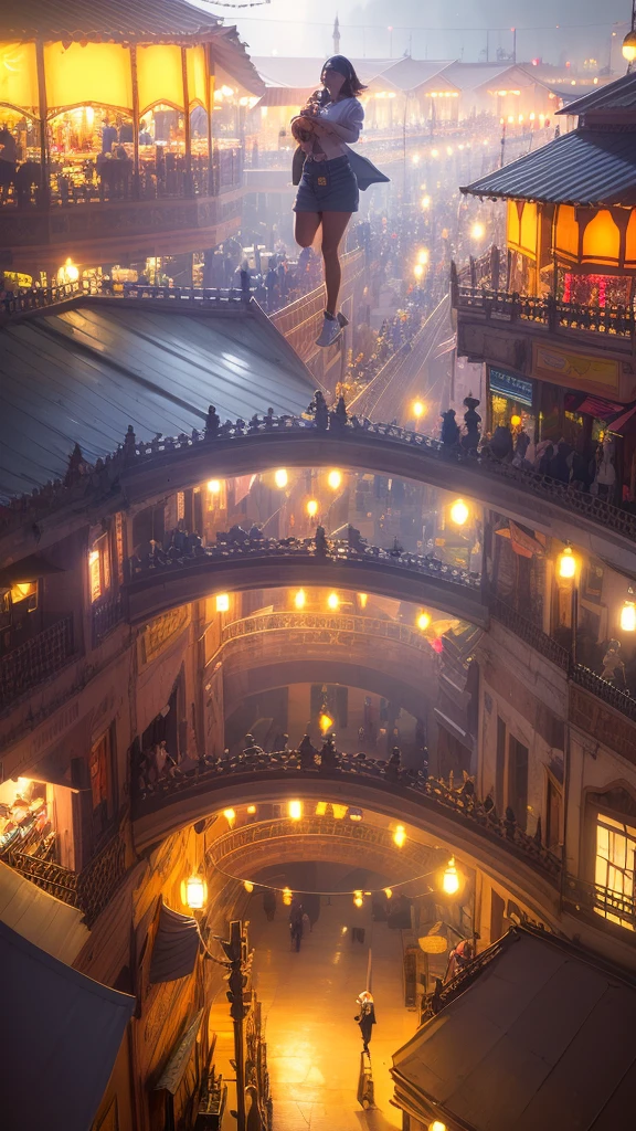 Create a single hyper realistic photo contain a georgous woman on an outstanding scene of rays of lighting on a traditional market, 32K high resolution wallpaper,