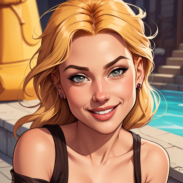 Xena princess warrior portrait mode sensual sesys style Cartoon style digital illustration together boyfriends Cartoon style character portrait mode Cartoon style character facial expression happy beautiful smile and six medium small portrait mode waist up