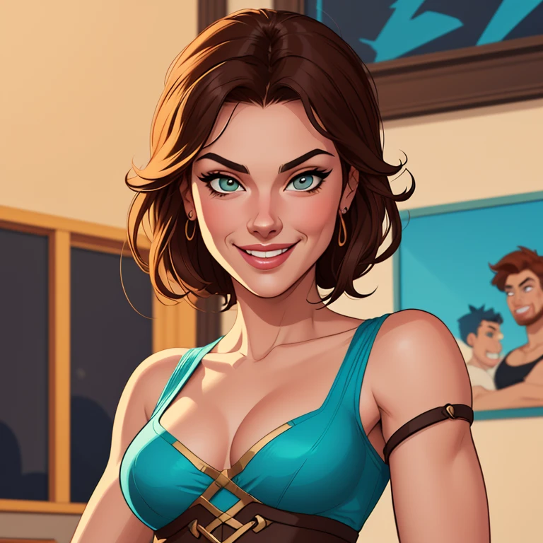 Xena princess warrior portrait mode sensual sesys style Cartoon style digital illustration together boyfriends Cartoon style character portrait mode Character cartoon style facial expression happy beautiful smile and six medium small portrait mode waist up 