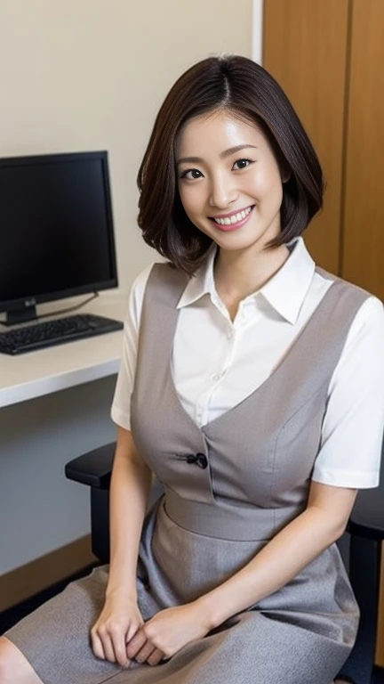 1 Japanese female,OL、office、Mid Shot、Shiny skin,smile、愛らしいsmile、Laughing with your mouth open、officeの服装、Black Hair、Business shirts、Tight shirt、Large bust、A little chubby、Grey tight skirt、mini skirt、panties、Black Hair、pumps,highest quality,Very delicate and beautiful 8K,Very high resolution,,Beautiful detailed girl,Realistic、officeの中、officeのSit on a chair、Computer Desk、Beautiful appearance、Sit on a chair、Spread your legs、Spread your legs、panties、I can see your thighs、
