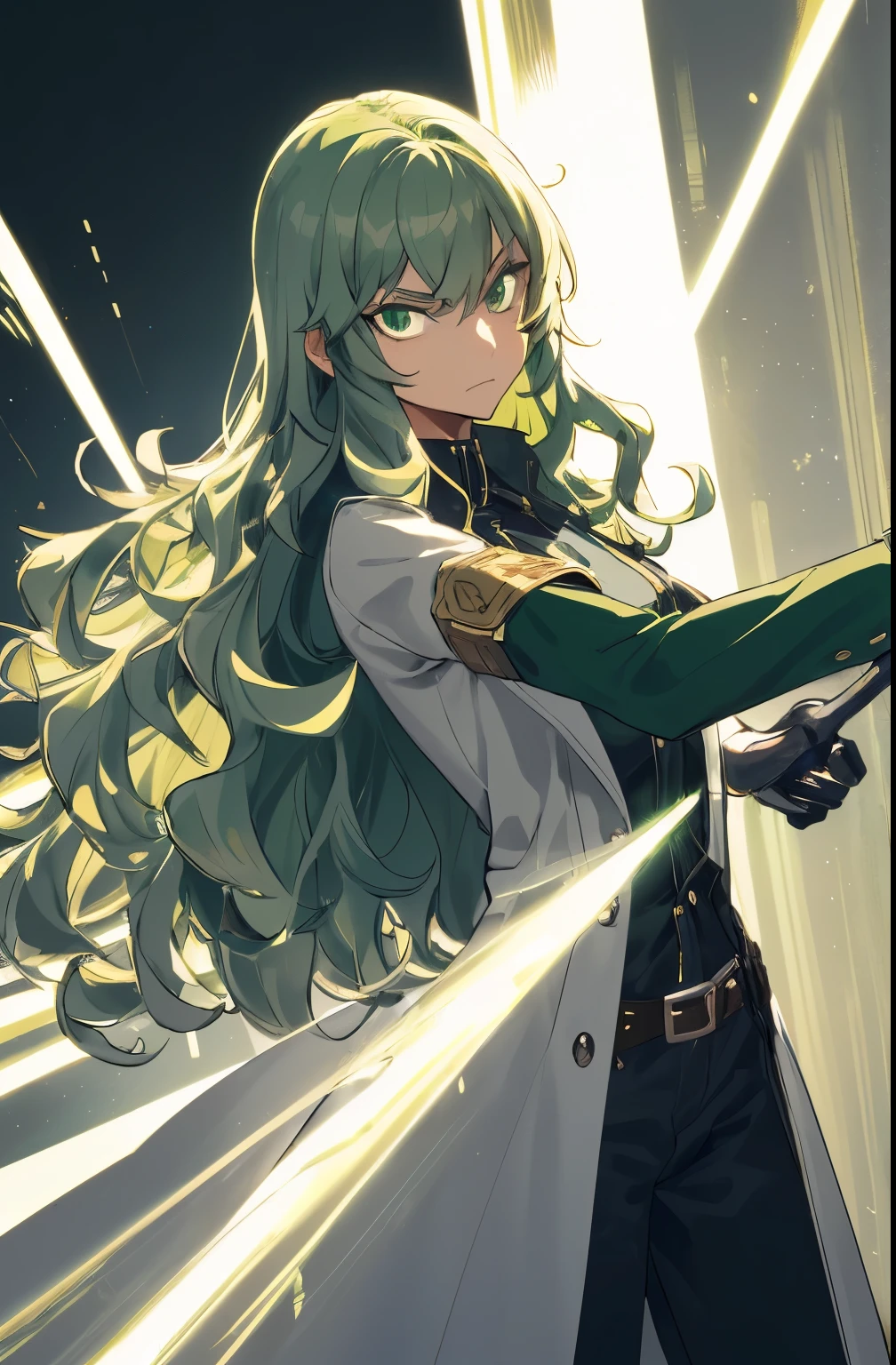 ultra detailed, masterpiece, best quality, solo, cowboy shot, facing viewer,girl, really shiny wavy long emerald color hair, wearing a gray  trenchcoat, emerald eyes, serious expression, receptive, using a device on her arm that emits a green light