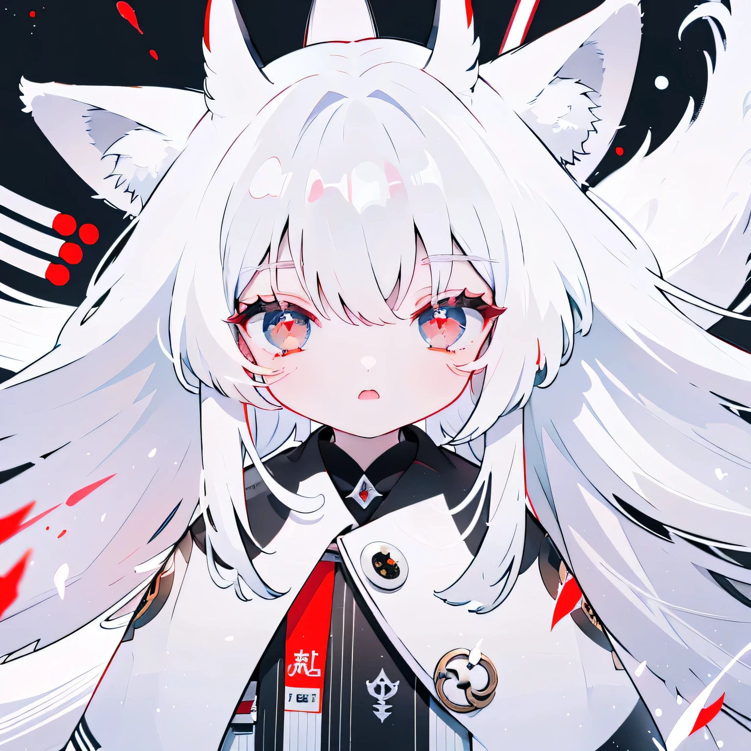 Silver hair, red eyes, long hair, short stature, cute face, 4 white fox tails, white fox ears