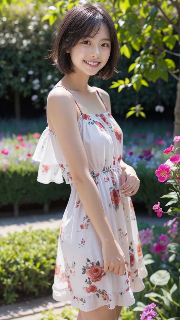 masterpiece, highest quality, disorganized, perfect anatomy, 1 girl, alone, pascal tales, short hair, beautiful, Hilarious, sunny day, botanical garden, Summer winds, sundress, Floral, wavy hair, smile