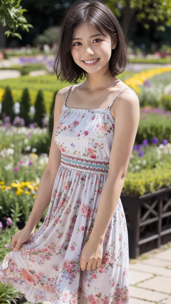 masterpiece, highest quality, disorganized, perfect anatomy, 1 girl, alone, pascal tales, short hair, beautiful, Hilarious, sunny day, botanical garden, Summer winds, sundress, Floral, wavy hair, smile