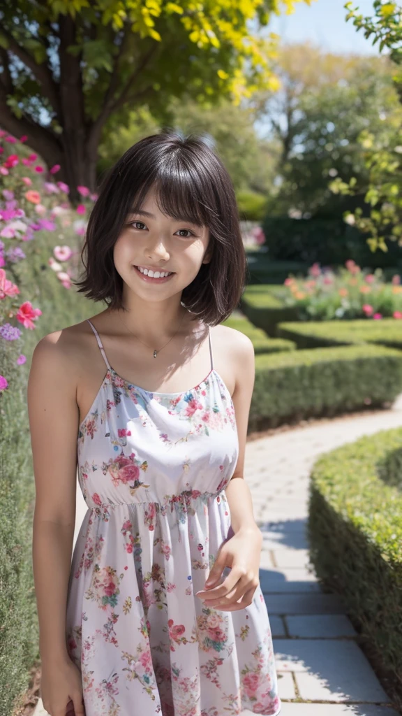 masterpiece, highest quality, disorganized, perfect anatomy, 1 girl, alone, pascal tales, short hair, beautiful, Hilarious, sunny day, botanical garden, Summer winds, sundress, Floral, wavy hair, smile