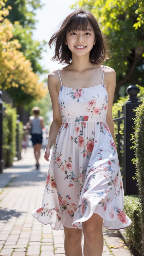masterpiece, highest quality, disorganized, perfect anatomy, 1 girl, alone, pascal tales, short hair, beautiful, Hilarious, sunny day, botanical garden, Summer winds, sundress, Floral, wavy hair, smile