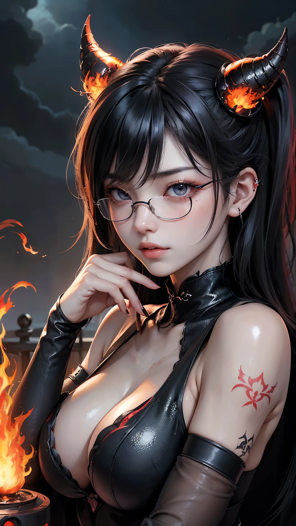 (highest quality,High resolution:1.2),(dark,Threatening:1.1),(Bad luckな:1.1),(devil,Satan,Lucifer:1.1),(devil的な:1.1),(Bad luck,Bad luckな:1.1),(Powerful figure:1.1、Big Breasts、Glasses),(Red glowing eyes,Sharp teeth:1.1),(Black wings,thick,shabby:1.1),(hellish landscape:1.1),(fire,sulfur:1.1),(Threatening雰囲気:1.1),(dark shadows,Threatening presence:1.1),(Bad luck clouds,Stormy Skies:1.1),(dark,Spooky atmosphere:1.1),(Bad luck aura,Evil energy:1.1),(dark aura,cigarette:1.1),(intense heat,Burning Flames:1.1),(Surreal,Nightmare Visions:1.1),(Predicting the end:1.1),(Twisted corners,Fiery crown:1.1),(Bad luck whispers,devilのような笑い:1.1),(Cries of pain,echoing screams:1.1),(Bad luck symbols,Ancient runes:1.1),(Mysterious Relic,dark artifacts:1.1),(Infernal Ritual,Ritual sacrifice:1.1),(devil的な minions,creatures of darkness:1.1),(Desolate,Barren Wilderness:1.1),(University of the Soul,Suffering Soul:1.1),(Eternal Damnation,A hopeless existence:1.1),(The Last Autumn,The world was in chaos.:1.1),(malicious presence,darkness personified:1.1),(Entrance to the underworld,Nightmare Realm:1.1), Understood, Beautiful and delicate face, Understoodですか, Beautiful and delicate eyes, perfectly balanced face, High resolutionスキン, Fine skin, Optimal ratio of four fingers to one thumb, Place your arms under your chest, Red tattoo on lower abdomen、oh!, Wide Hips, Smooth abdomen, thin, Pale skin, __fashion__, __hair__:1.25)、Digital single-lens reflex camera、 Absurd、(Tabletop: 1.3), (Maximum resolution: 1.2), (Ultra HDTV: 1.2), Cinematic Light, Beautiful Eyes and skin, deしっぽed facial features, , (Sharp focus: 1.2), (Focus on the face:1.2),Perfect Style, Beautiful Face, Acura, Anatomically correct, Highly deしっぽed face and skin texture, Beautiful Eyes, double eyelid, thin eyebrows, Glitter Eyeliner: 1 natural cheeks, Glowing Skin, Fair skin: 1.2, (Glossy Lips: 1.4),(Embarrassed look: 1.2),Highly deしっぽed face and skin texture, Beautiful Eyes, double eyelid, natural cheeks, Glossy Lips: 1.4,Exposed cleavage、charm的な。charm、 Beautiful devil woman from hell, Surrealistic female portraits by David Hockney and Alphonse Mucha,