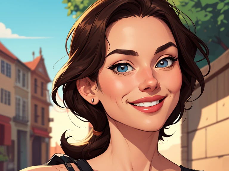 Xena princess warrior portrait mode sensual sesys style Cartoon style digital illustration together boyfriends Cartoon style character portrait mode Cartoon style character facial expression happy beautiful smile and six medium small portrait mode waist up 