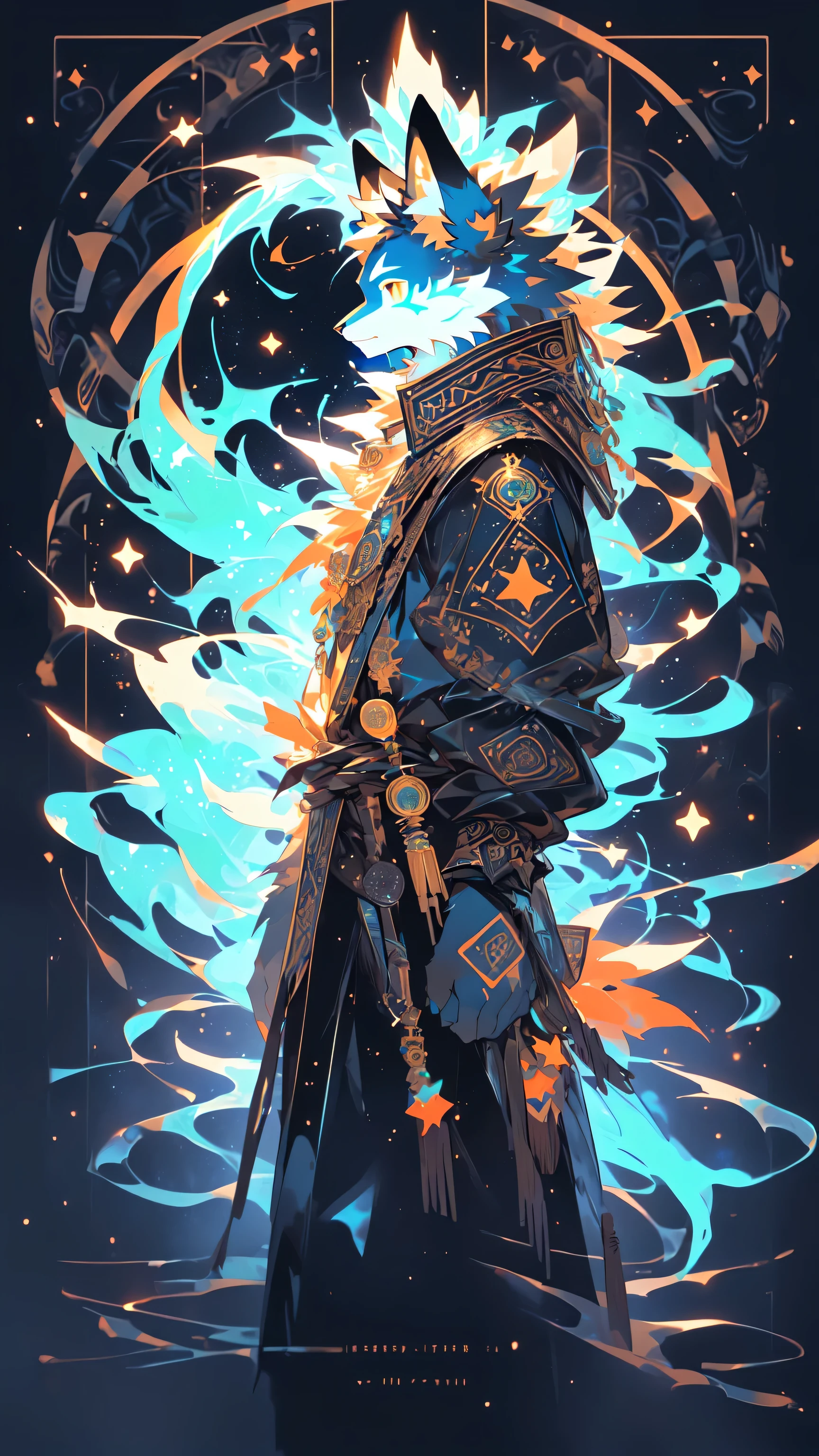 Close-up of cartoon character holding magic wand, Mysterious art style, beautiful celestial Mage, dark fox Mage, [ Tarot ]!!!!!, Astral ethereal, in mysterious style, as a Tarot, No PFP, /!\ , Star Guardian Inspired, Holding a magic wand, Thin male fantasy alchemist, Mage，Fury furry，Young people topless，gender male。There are four different cat pictures，Their eyes are also different, Concept art by Kanbun Master, Popular on polycount, Furry art, Ferson commission, Adaptable personality, Reference table, Ferson Furry art commission, wolf Ferson, gorgeous werefox Ferson, Suitable for whole body, Ferson art, furaffinity Ferson, Ferson!!!!, [ role conception ]。Bright color，Clear lines without sticking，Stars background，White flower bottom，Head to body ratio 1:6，Mint green and orange main colors，The character&#39;s fur is mainly gray，Side view character looking into the distance