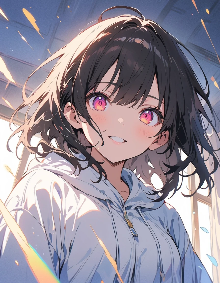 (highest quality、masterpiece、High resolution、detailed)、Anime Style、Flat Style、(Shining Eyes、detailed美しい顔), BREAK,1 girl、extremely detailed、floating, (High saturation),(The Shining), Best lighting, Best Shadow、Peck finger, ((masterpiece)), highest quality, One girl, eye shadow, Full Body,Dynamic Angle、 Portraiture,